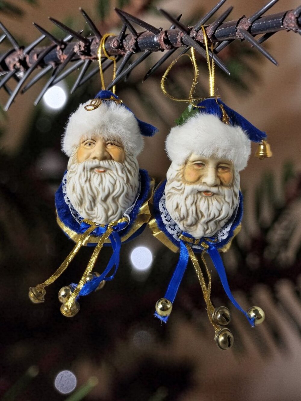 vintage pair of porcelain face santa w/velvet ball,bells tree ornaments